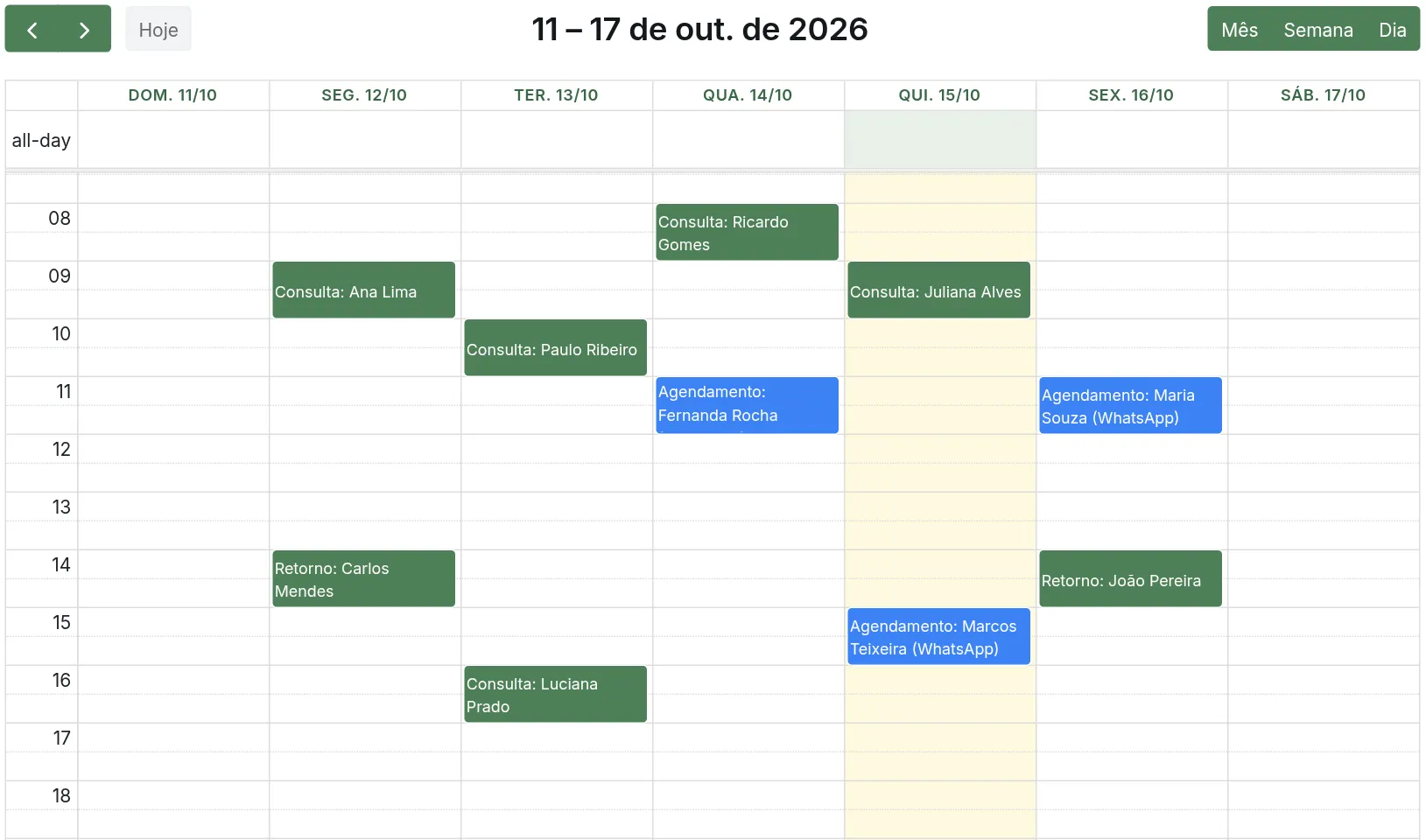 Agenda da semana com consultas marcadas pelo agente e pela clínica