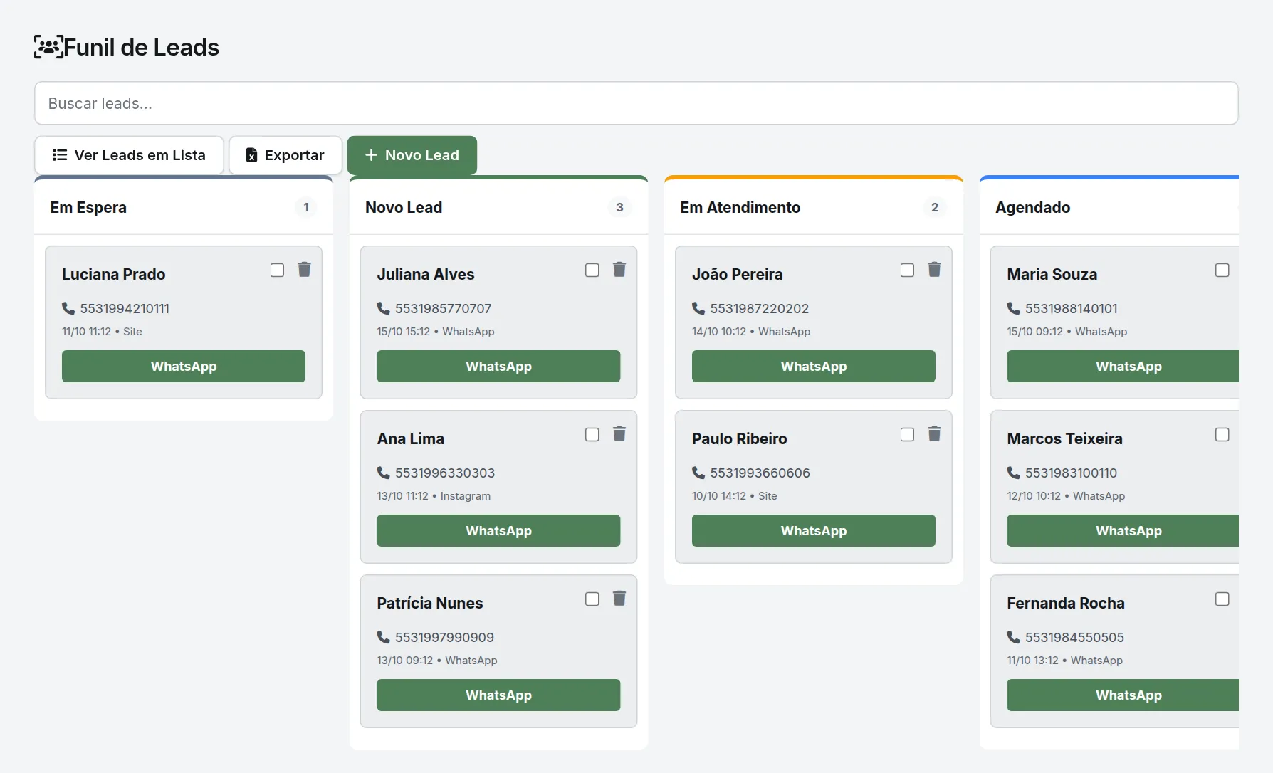 Funil com clientes em Em Espera, Novo Lead, Em Atendimento e Agendado